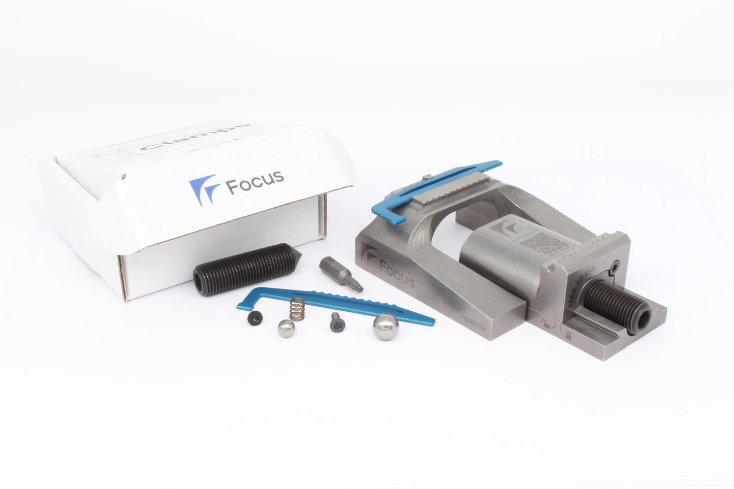 Abrazadera de enfoque: juego que incluye mandíbula fija, mandíbula móvil, base y tope. Placa de fijación no incluida.